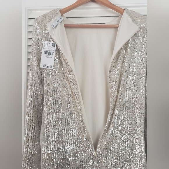 Mango Champagne Sequin Shoulder Pad Mini Dress Women Size 8 NWT Cocktail - Picture 4 of 7